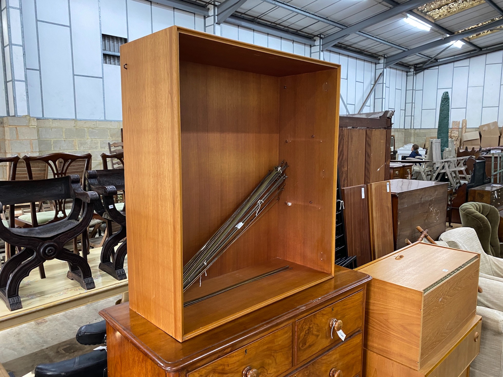 Four mid century teak ladder shelving units, disassembled